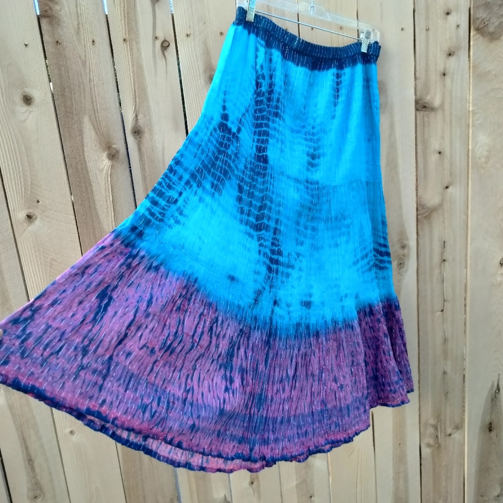 Lotus Boho Tie-Dye Maxi Skirt in Turquoise & Purple Women's Size L Elastic Waist